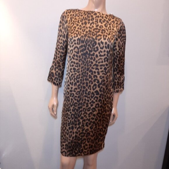 Jones New York Leopard Shift Dress Silky 3/4 Sleeve Zip Shoulder Womens Size 6 - Picture 2 of 12
